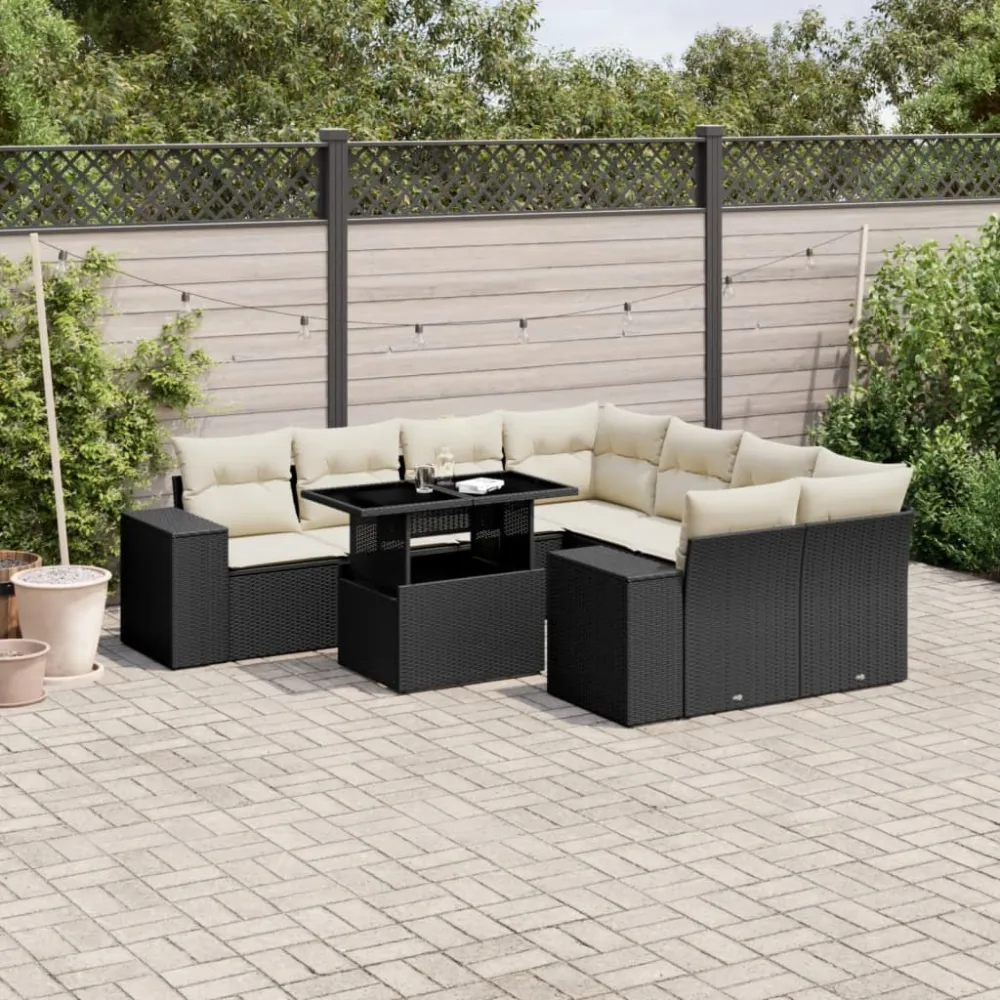9-delige Loungeset met kussens poly rattan zwart vidaXL