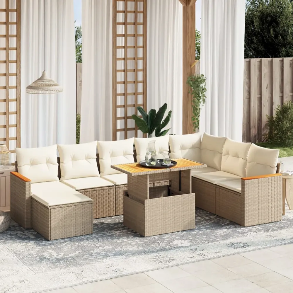 9-delige Loungeset met kussens poly rattan beige vidaXL