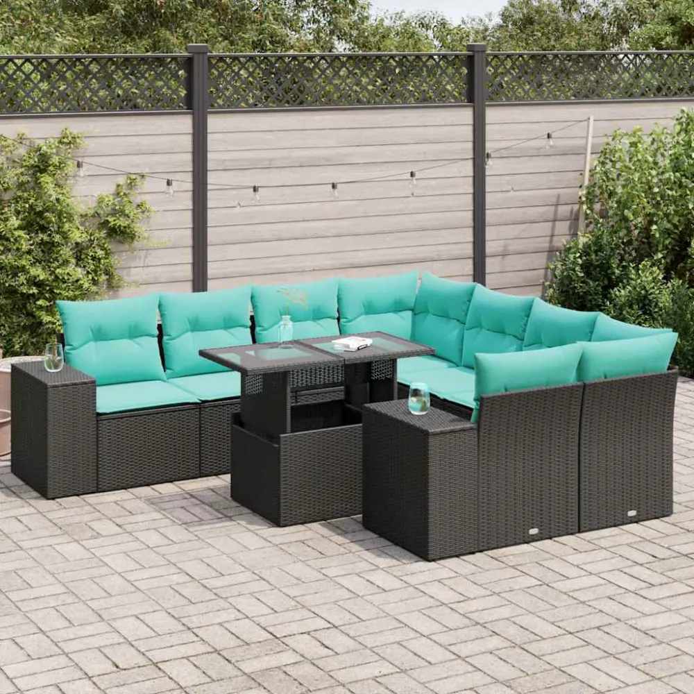 9-delige Loungeset met kussens poly rattan acacia zwart vidaXL