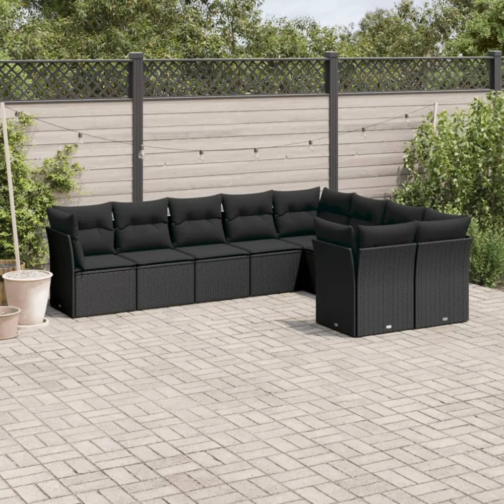 9-delige Loungeset met kussens poly rattan zwart vidaXL