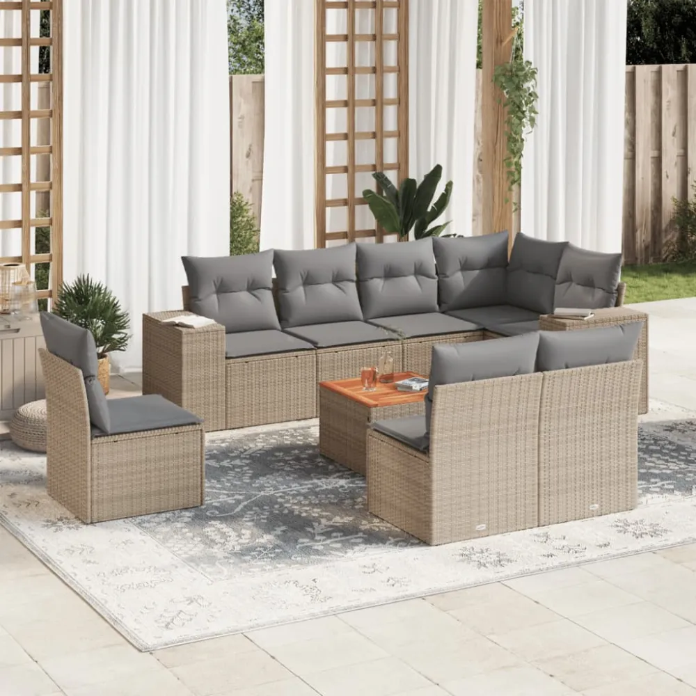 9-delige Loungeset met kussens poly rattan beige vidaXL
