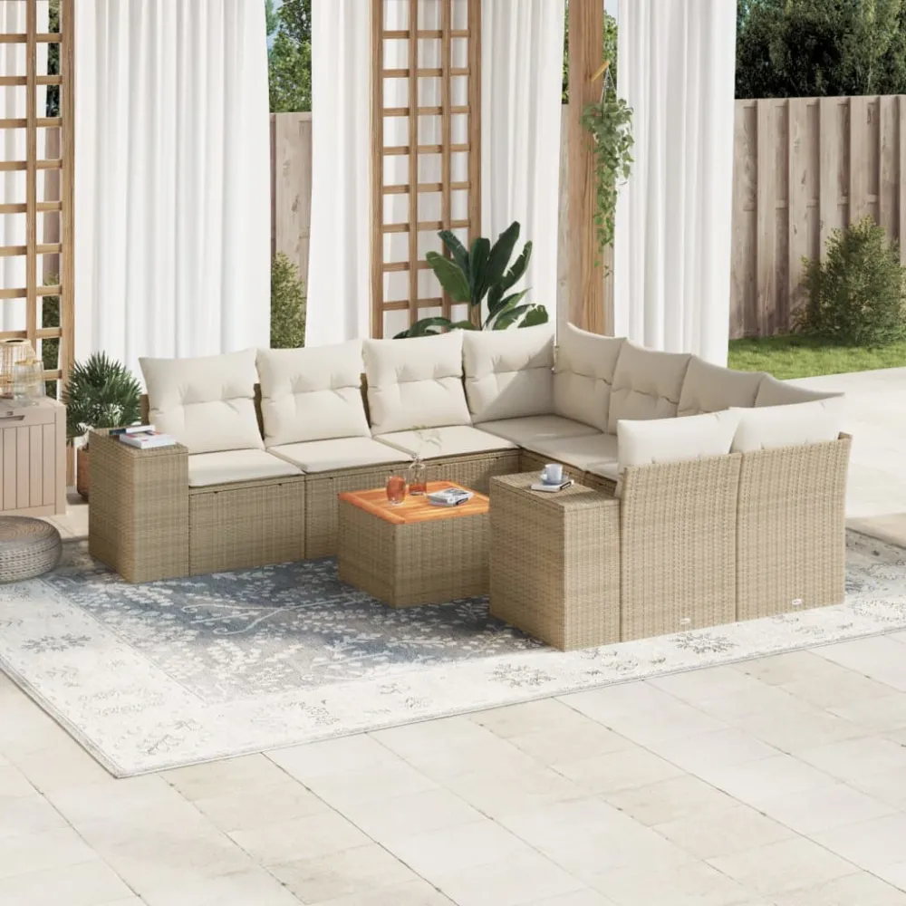 9-delige Loungeset met kussens poly rattan beige vidaXL