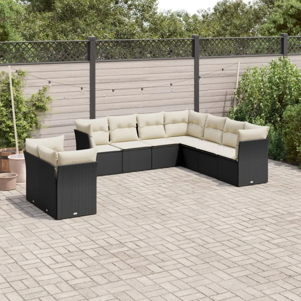 9-delige Loungeset met kussens poly rattan zwart vidaXL