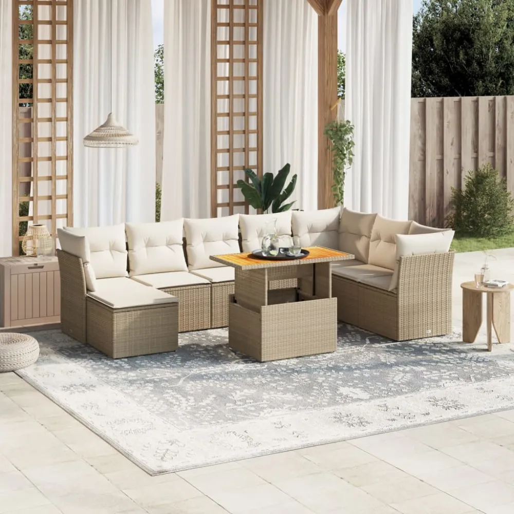 9-delige Loungeset met kussens poly rattan beige vidaXL