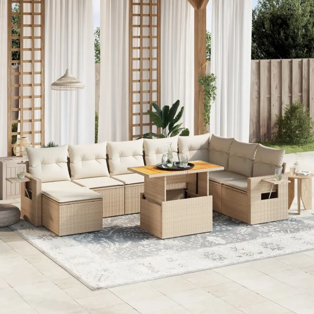 9-delige Loungeset met kussens poly rattan beige vidaXL