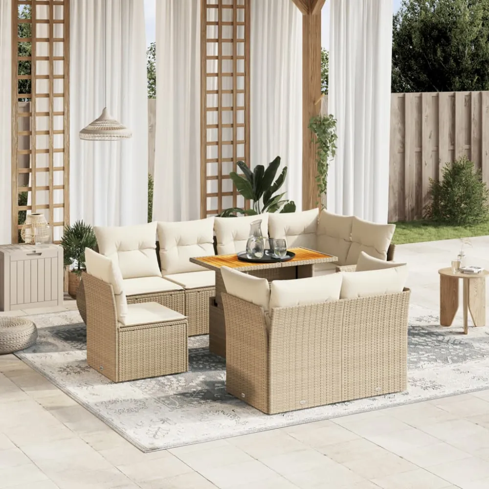 9-delige Loungeset met kussens poly rattan beige vidaXL