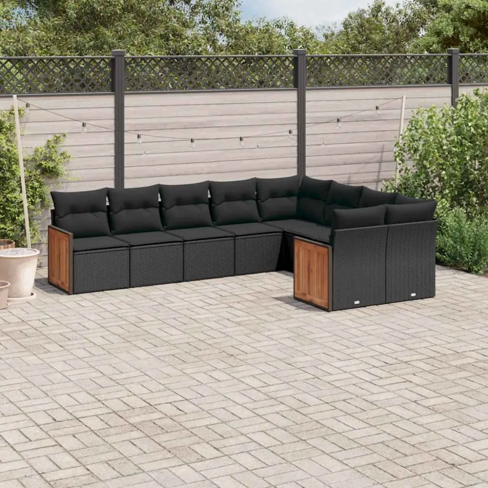 9-delige Loungeset met kussens poly rattan zwart vidaXL