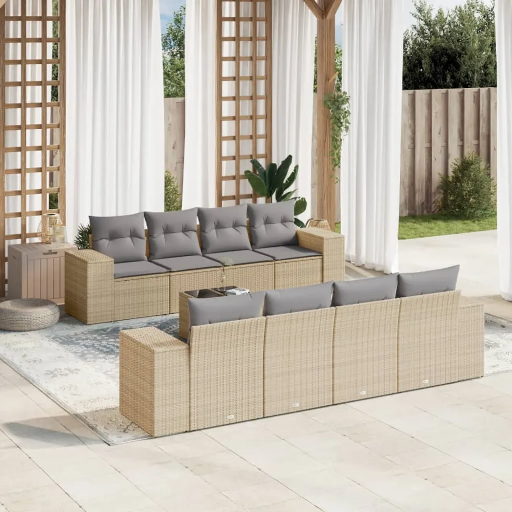 9-delige Loungeset met kussens poly rattan beige vidaXL