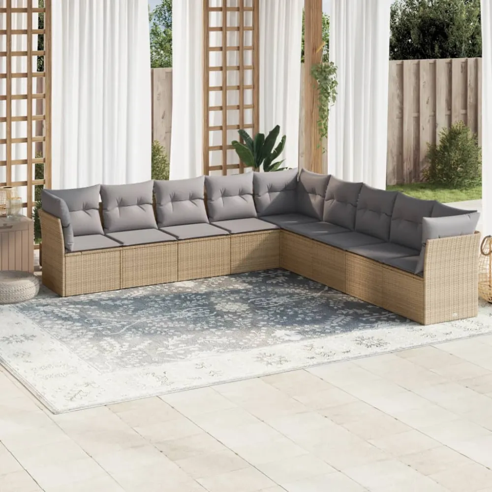 9-delige Loungeset met kussens poly rattan beige vidaXL
