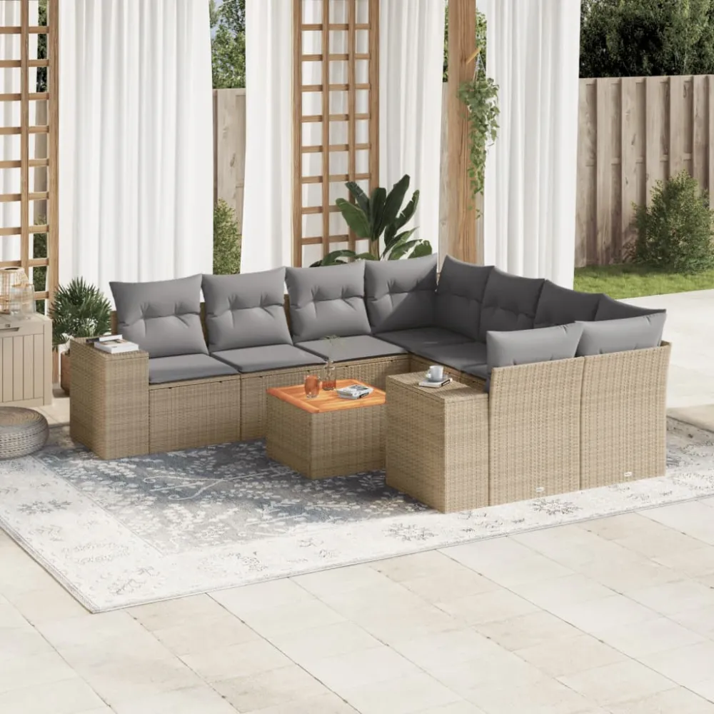 9-delige Loungeset met kussens poly rattan beige vidaXL