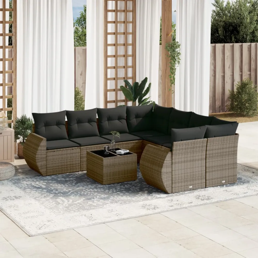 9-delige Loungeset met kussens poly rattan grijs vidaXL
