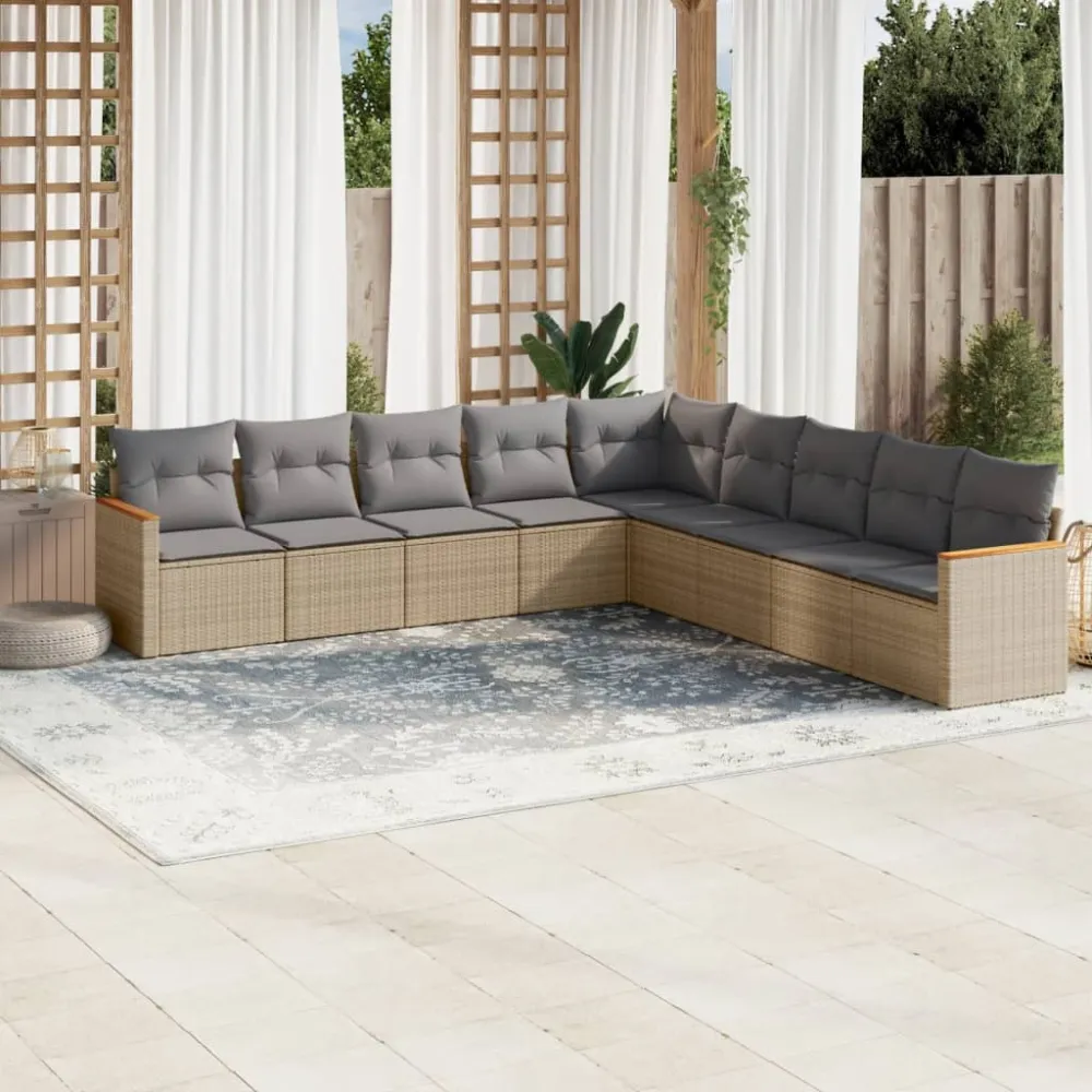 9-delige Loungeset met kussens poly rattan gemengd beige vidaXL