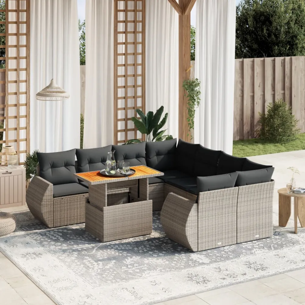 9-delige Loungeset met kussens poly rattan grijs vidaXL