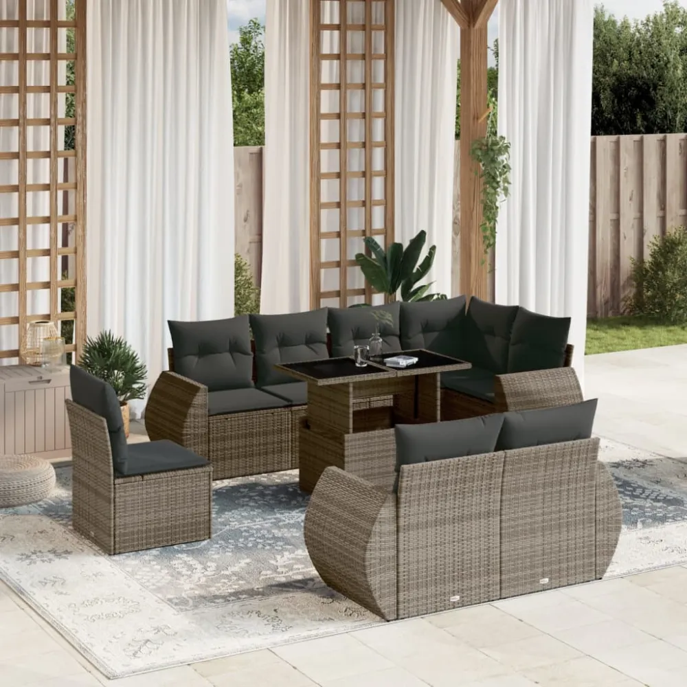 9-delige Loungeset met kussens poly rattan grijs vidaXL