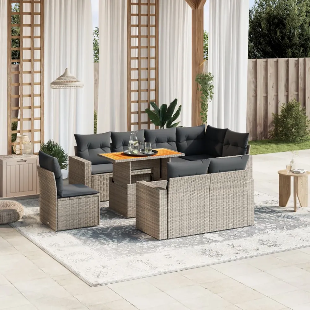 9-delige Loungeset met kussens poly rattan grijs vidaXL