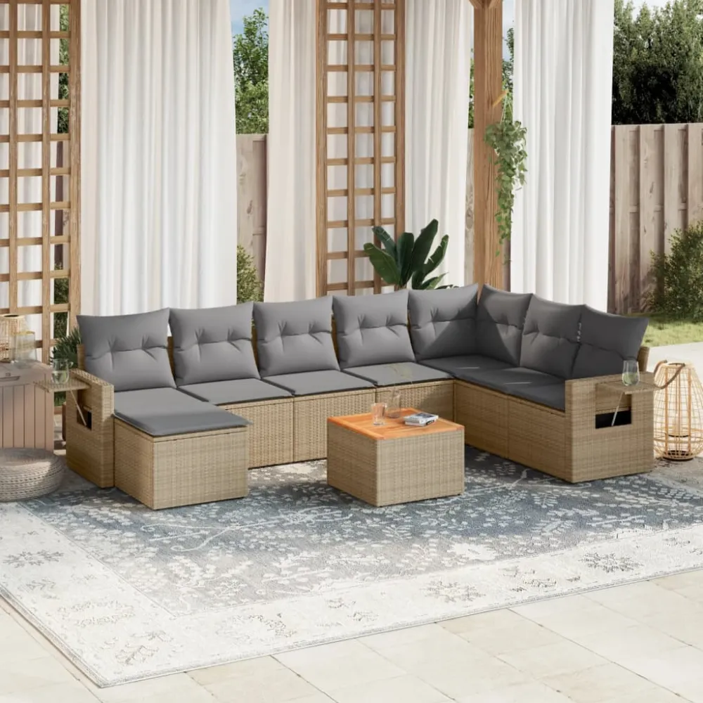 9-delige Loungeset met kussens poly rattan beige vidaXL
