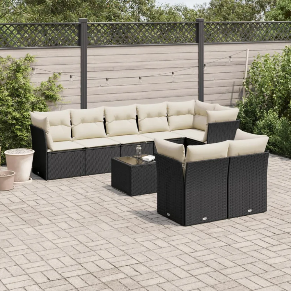 9-delige Loungeset met kussens poly rattan zwart vidaXL