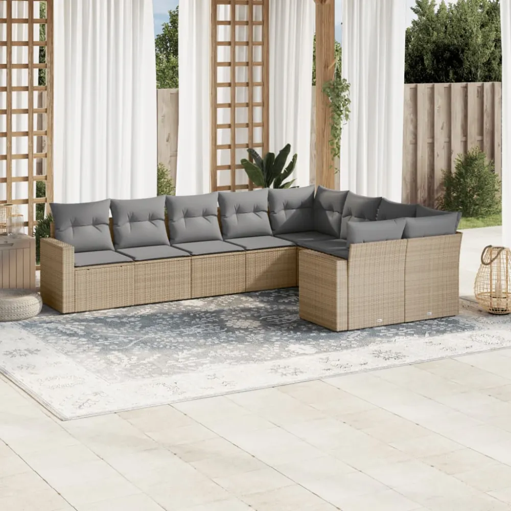 9-delige Loungeset met kussens poly rattan beige vidaXL