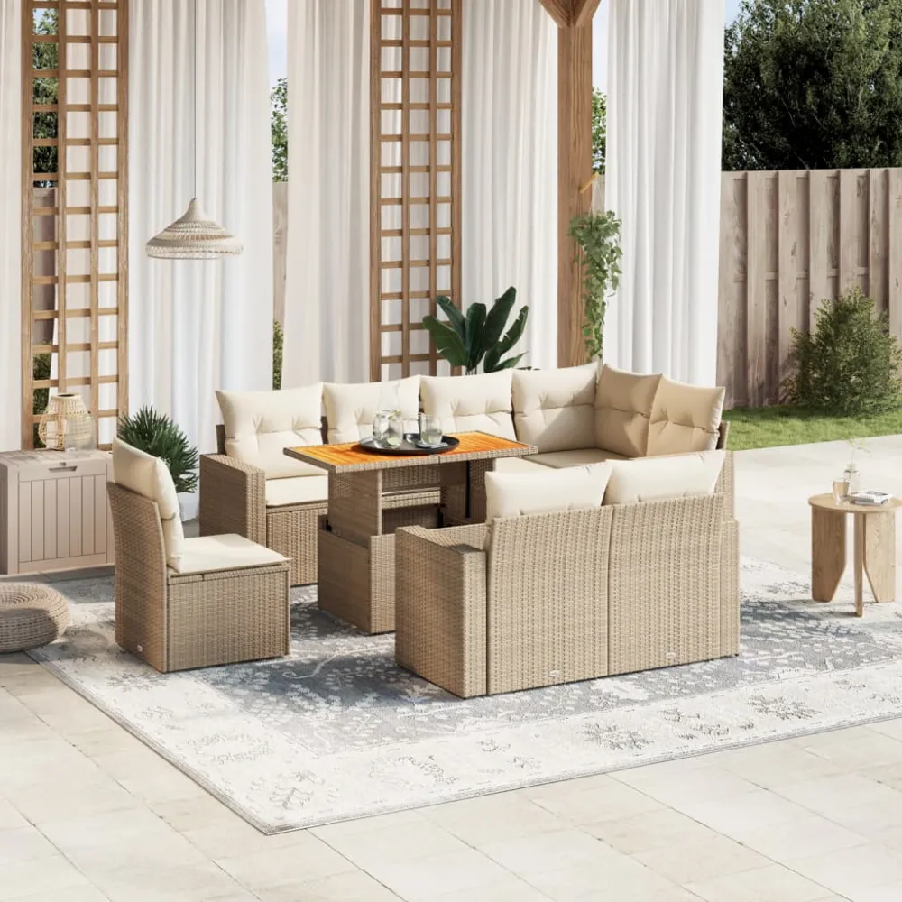 9-delige Loungeset met kussens poly rattan beige vidaXL