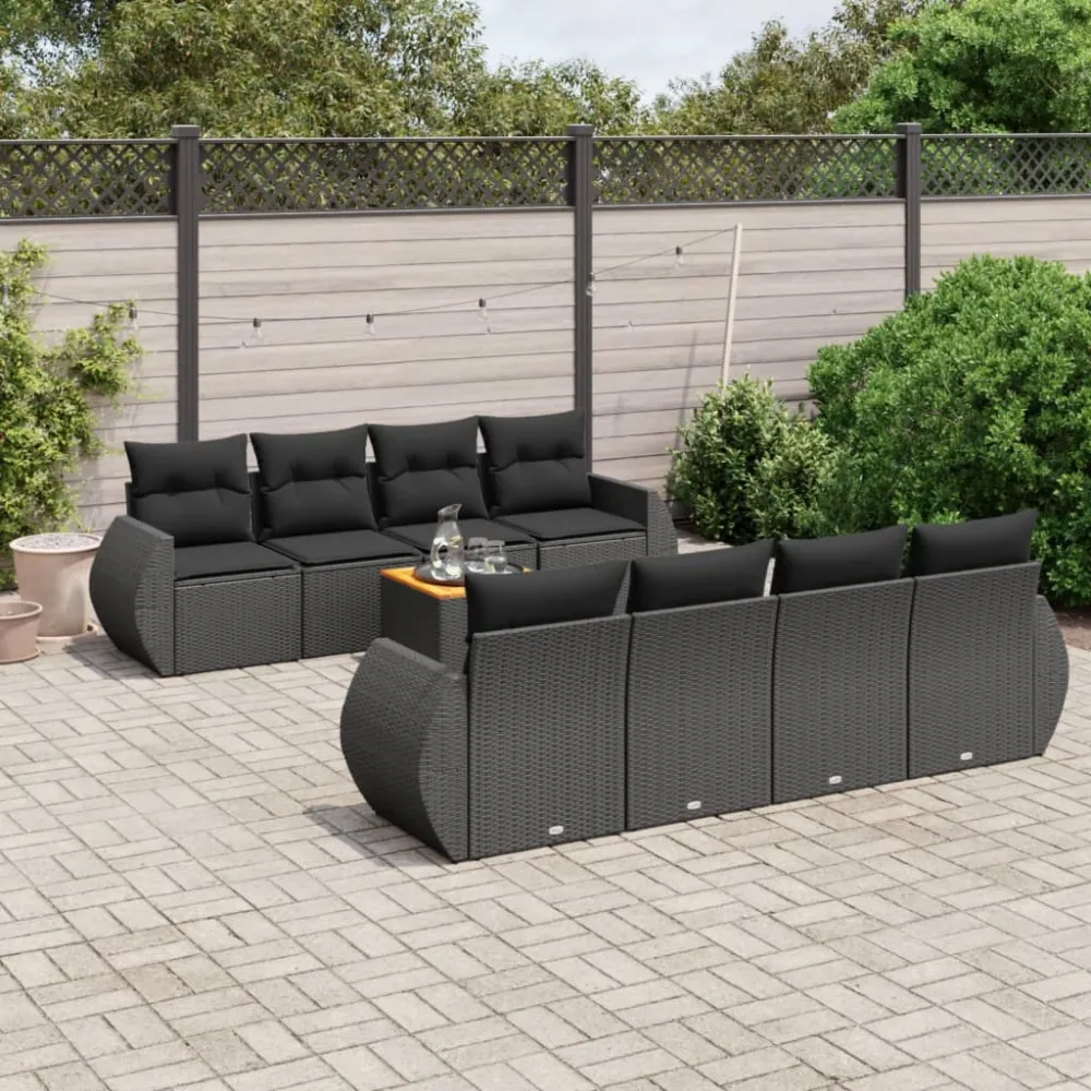 9-delige Loungeset met kussens poly rattan zwart vidaXL