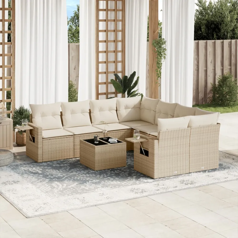 9-delige Loungeset met kussens poly rattan beige vidaXL