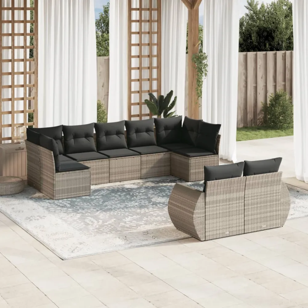 9-delige Loungeset met kussens poly rattan lichtgrijs vidaXL