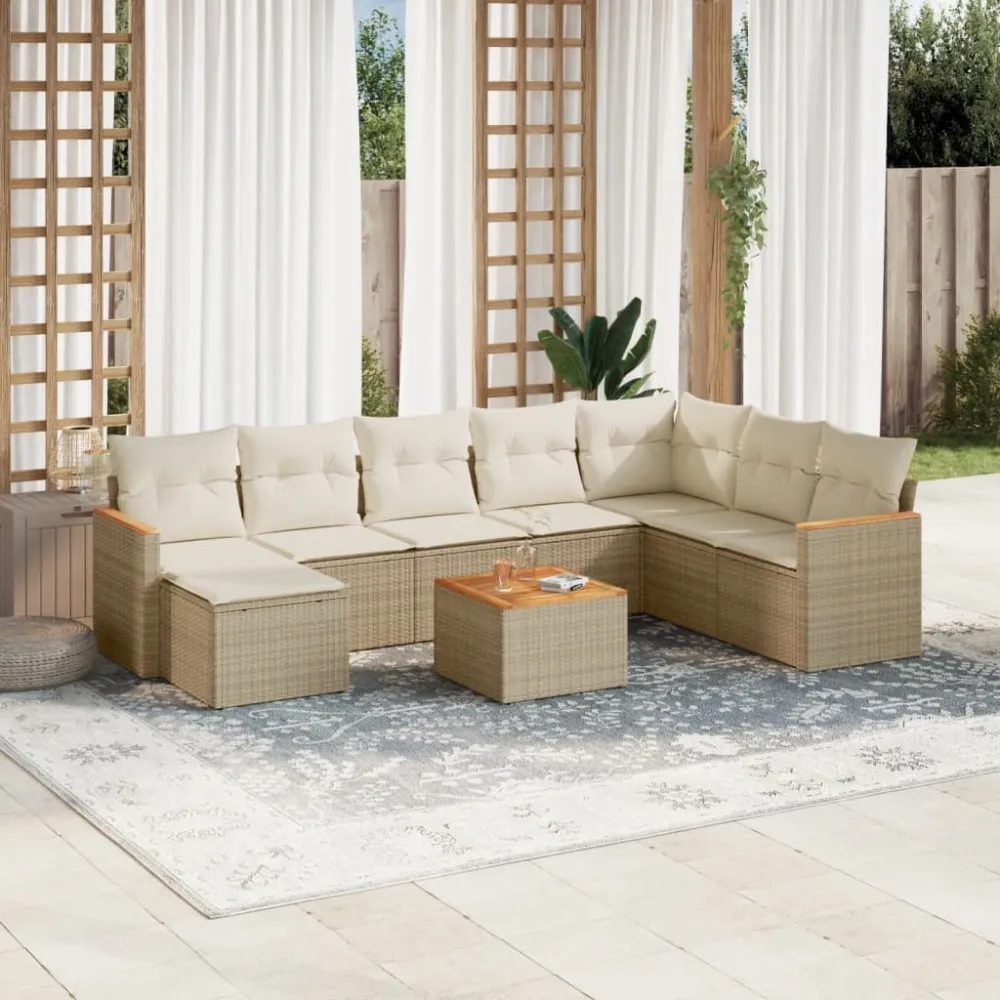 9-delige Loungeset met kussens poly rattan beige vidaXL