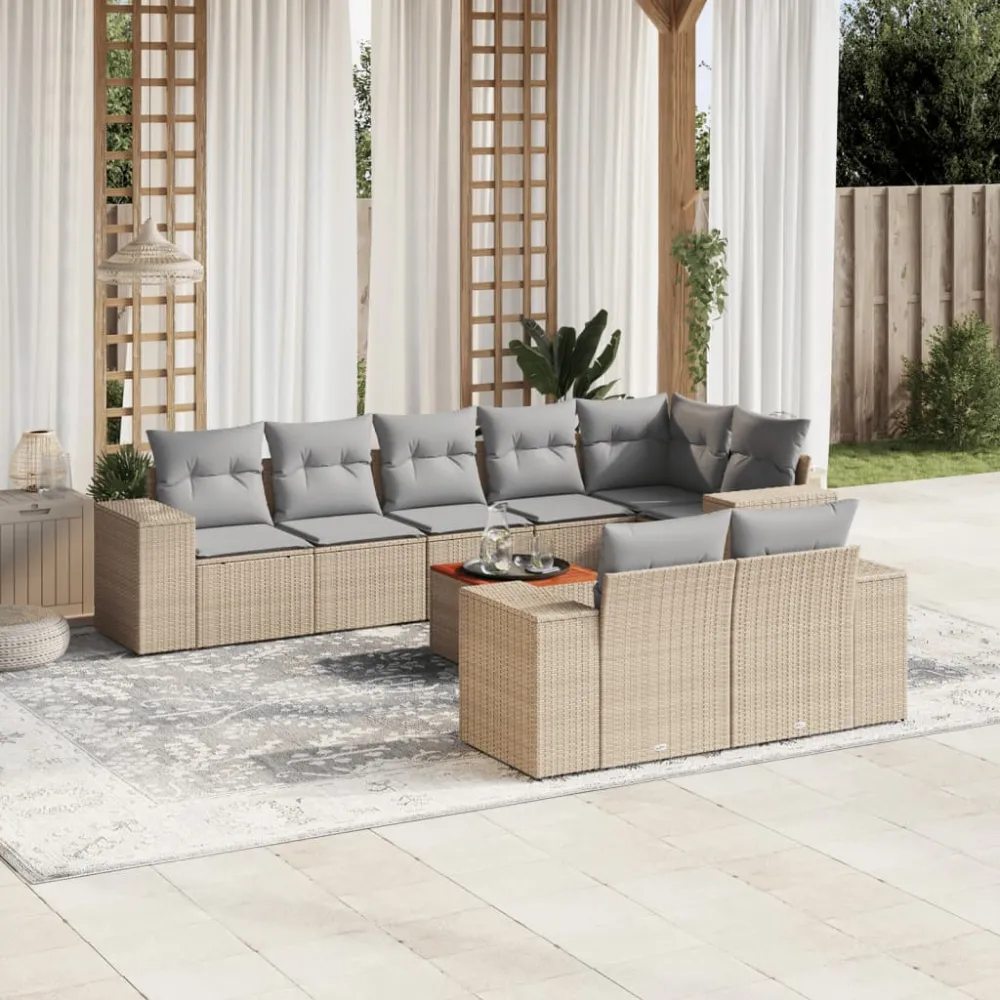 9-delige Loungeset met kussens poly rattan beige vidaXL