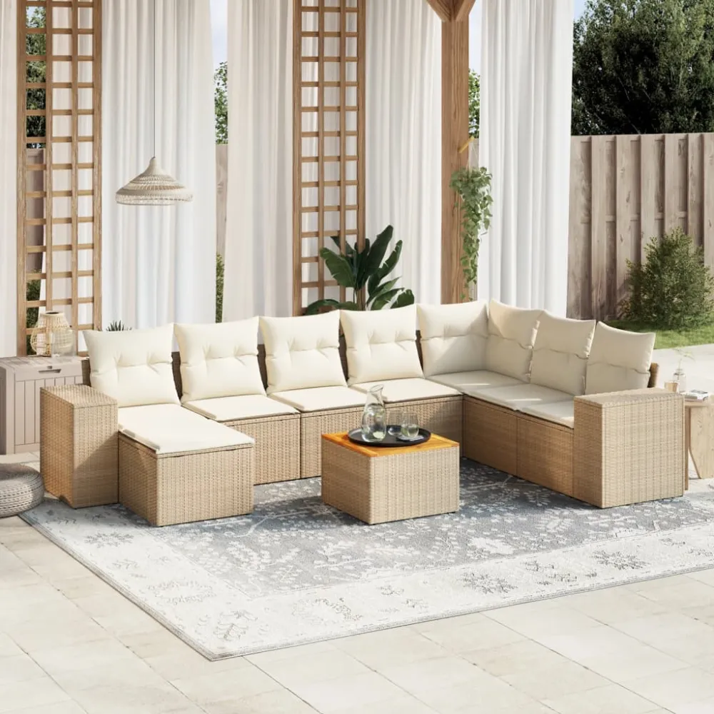 9-delige Loungeset met kussens poly rattan beige vidaXL