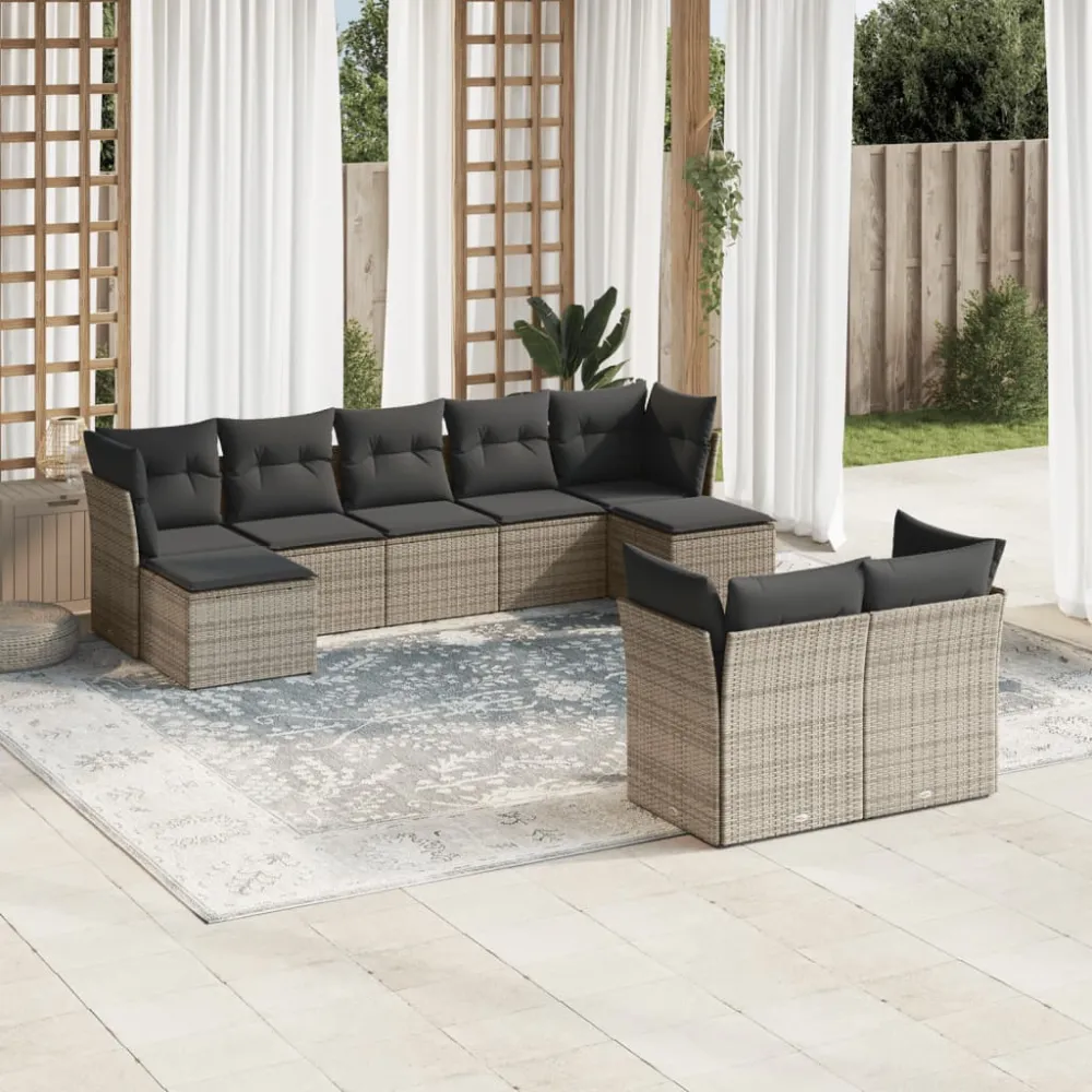 9-delige Loungeset met kussens poly rattan grijs vidaXL