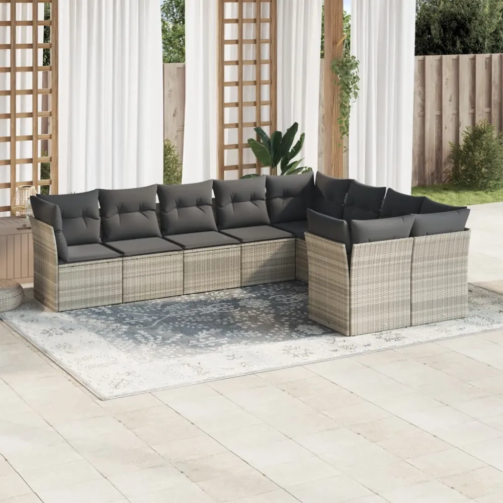 9-delige Loungeset met kussens poly rattan lichtgrijs vidaXL