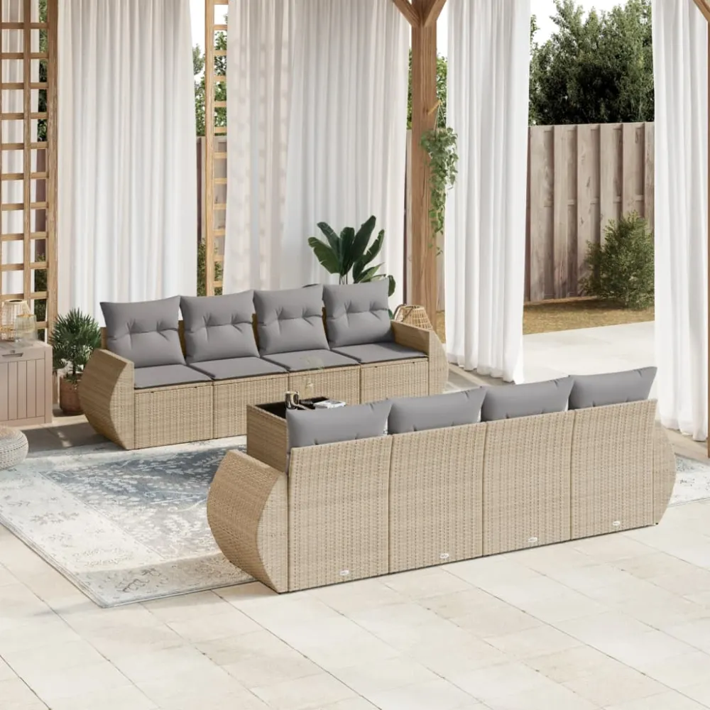 9-delige Loungeset met kussens poly rattan beige vidaXL