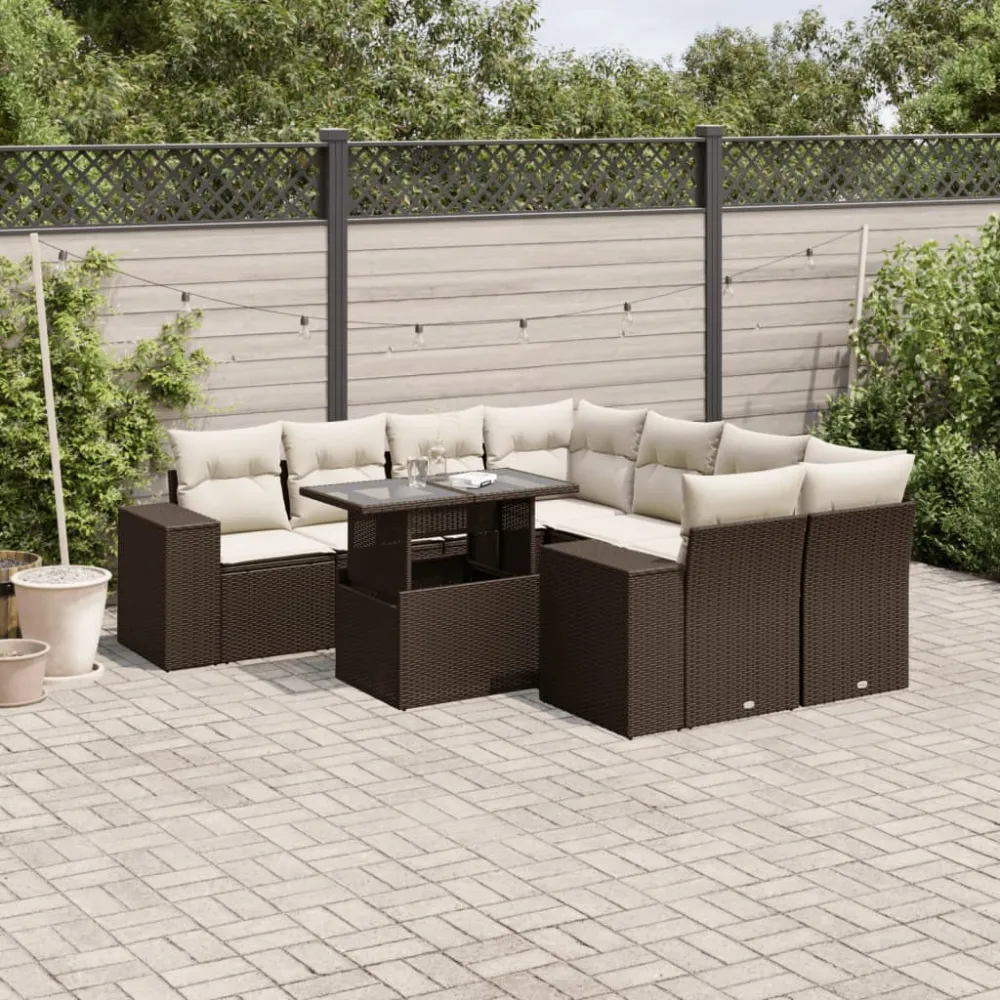 9-delige Loungeset met kussens poly rattan bruin vidaXL