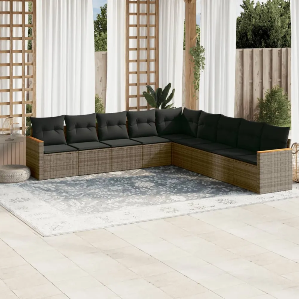 9-delige Loungeset met kussens poly rattan grijs vidaXL