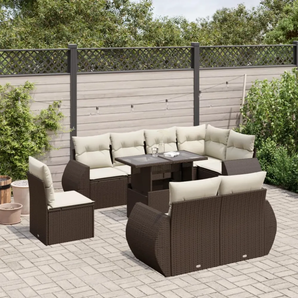 9-delige Loungeset met kussens poly rattan bruin vidaXL