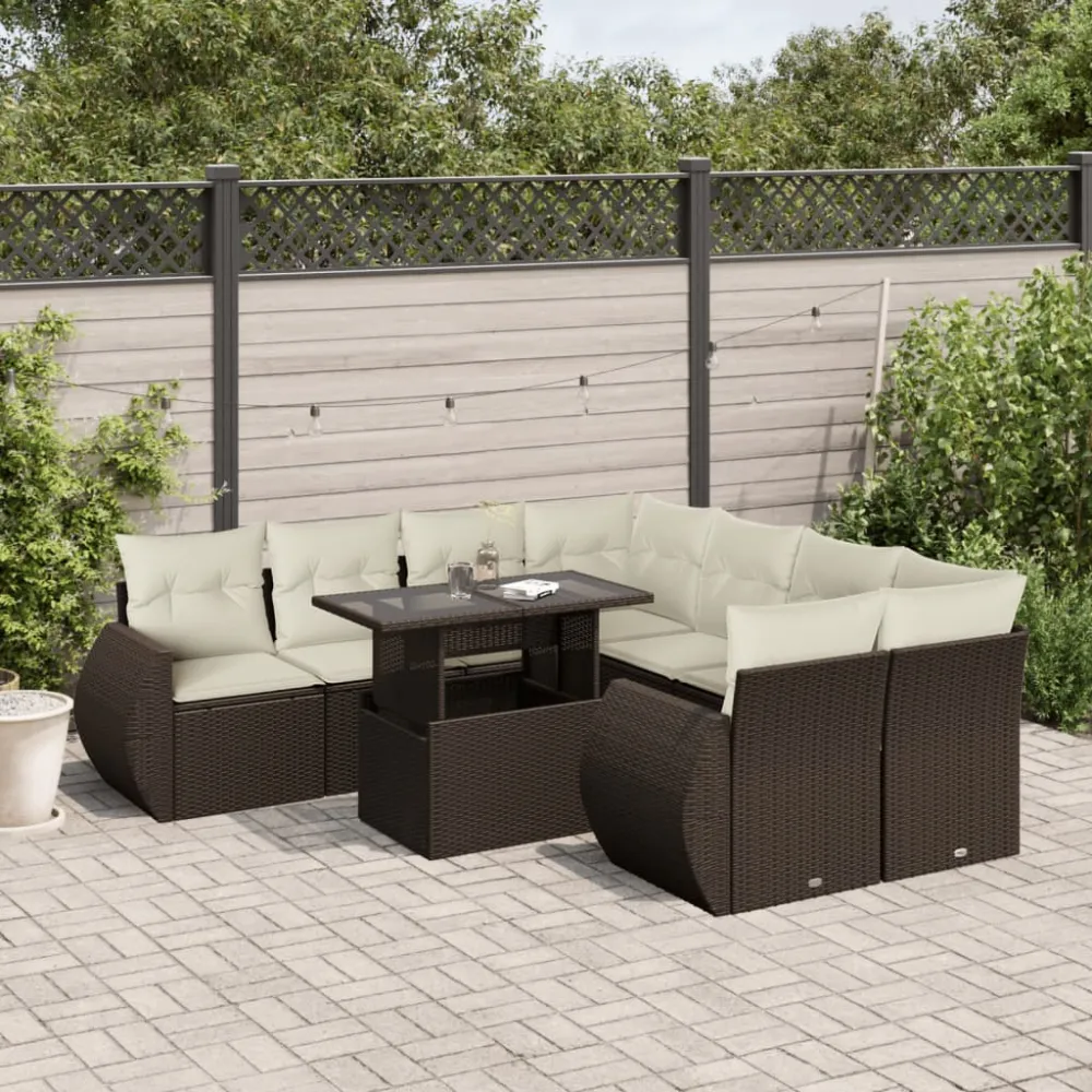 9-delige Loungeset met kussens poly rattan bruin vidaXL