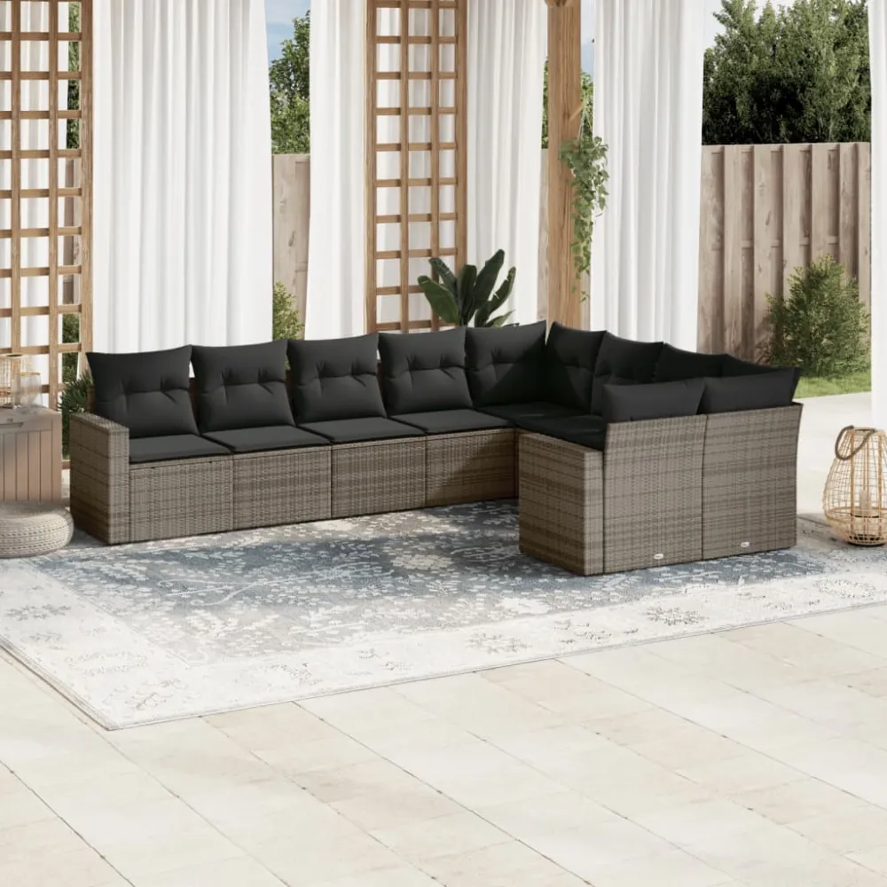 9-delige Loungeset met kussens poly rattan grijs vidaXL