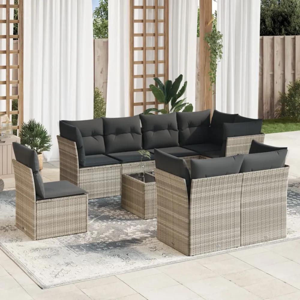 9-delige Loungeset met kussens poly rattan lichtgrijs vidaXL