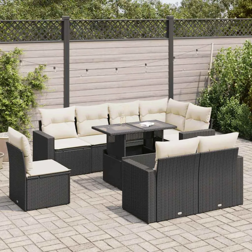 9-delige Loungeset met kussens poly rattan zwart vidaXL