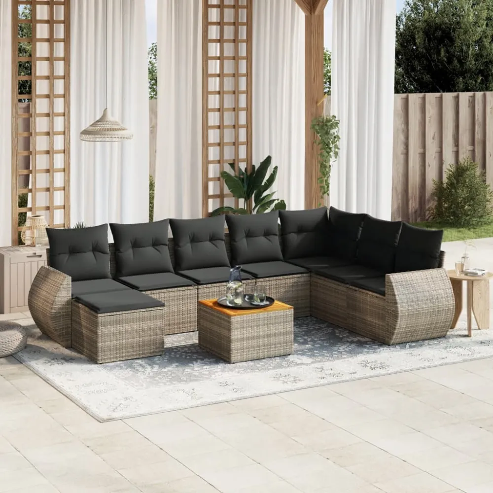 9-delige Loungeset met kussens poly rattan grijs vidaXL