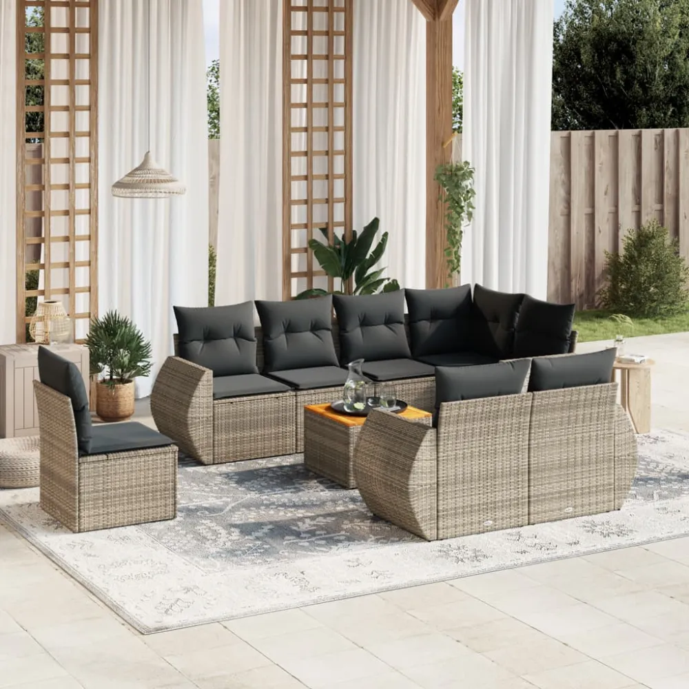 9-delige Loungeset met kussens poly rattan grijs vidaXL