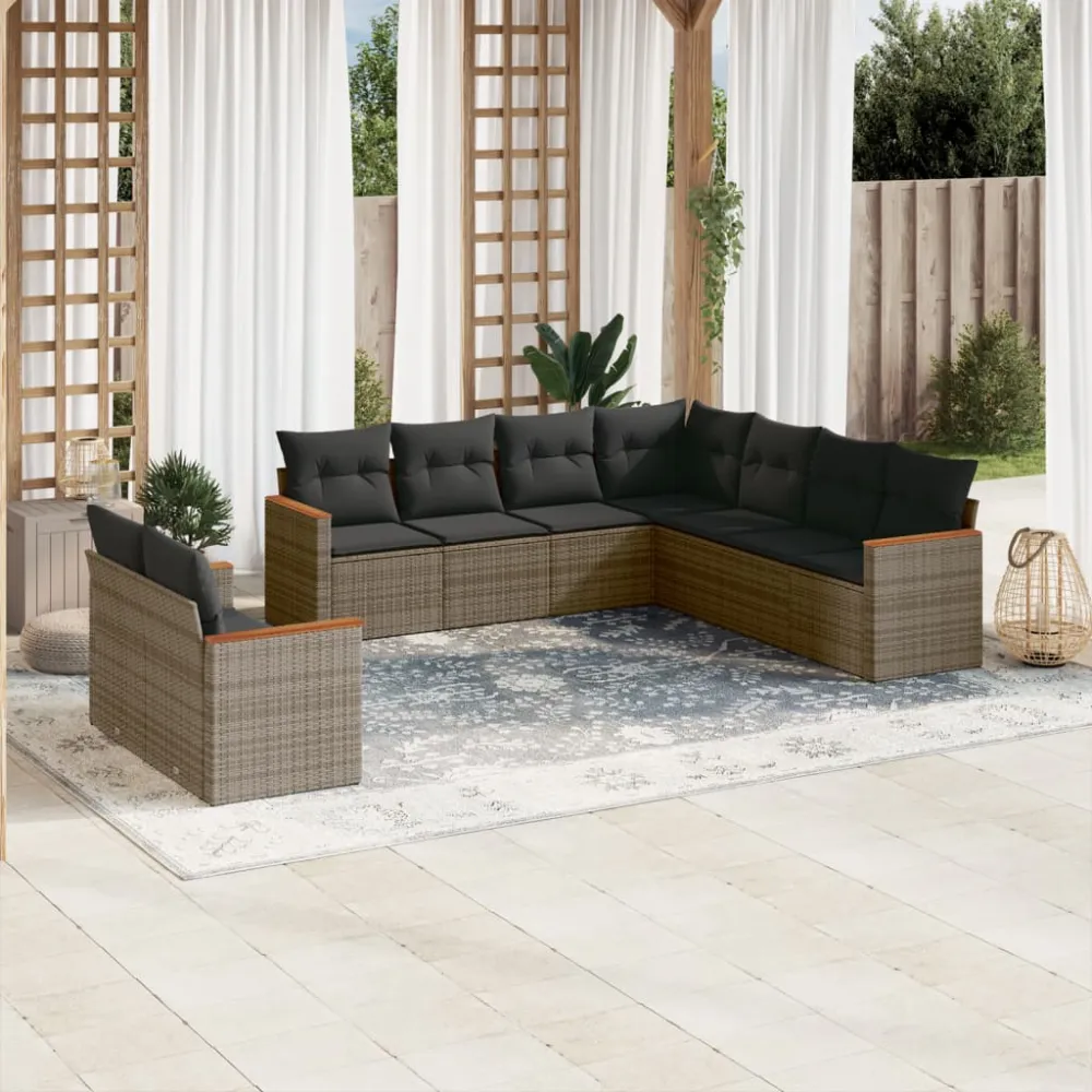 9-delige Loungeset met kussens poly rattan grijs vidaXL