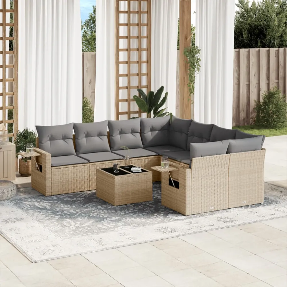 9-delige Loungeset met kussens poly rattan beige vidaXL