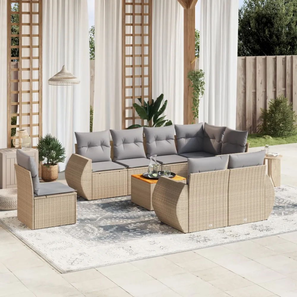 9-delige Loungeset met kussens poly rattan beige vidaXL