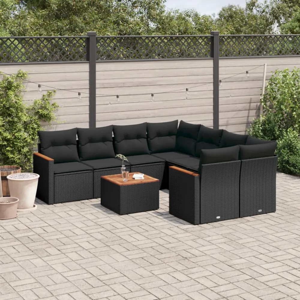 9-delige Loungeset met kussens poly rattan zwart vidaXL