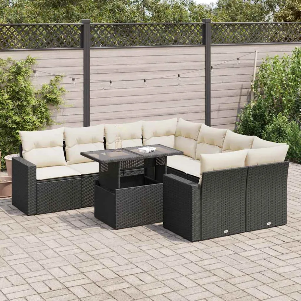 9-delige Loungeset met kussens poly rattan zwart vidaXL