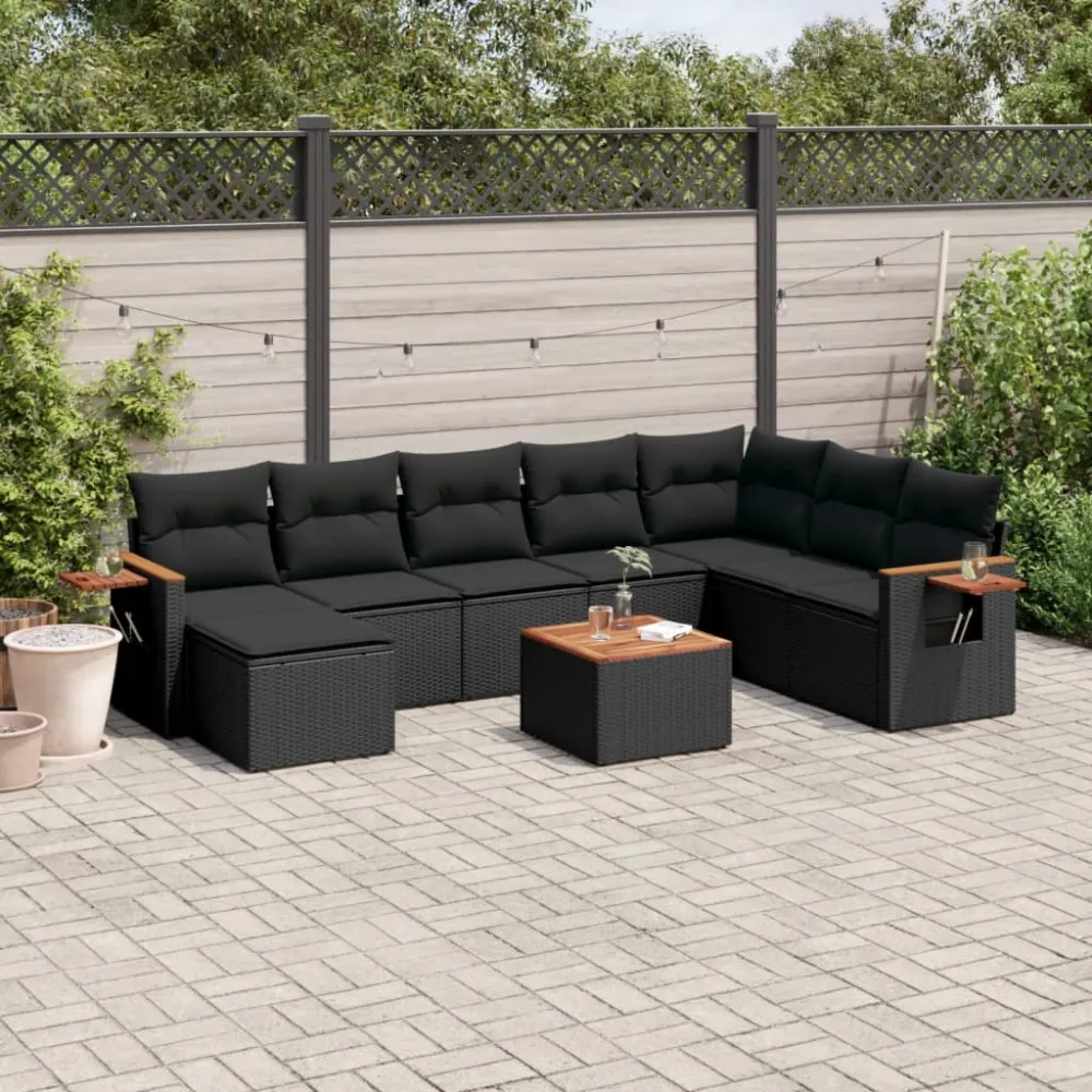 9-delige Loungeset met kussens poly rattan zwart vidaXL