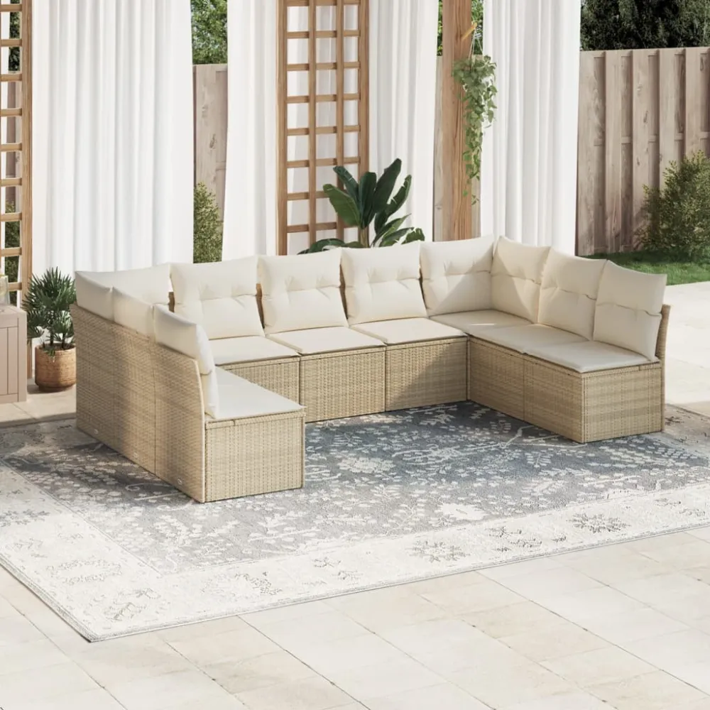9-delige Loungeset met kussens poly rattan beige vidaXL