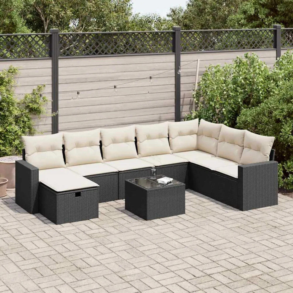 9-delige Loungeset met kussens poly rattan zwart vidaXL