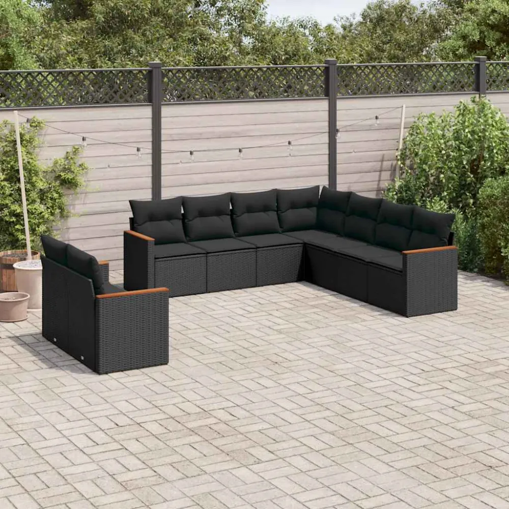 9-delige Loungeset met kussens poly rattan zwart vidaXL